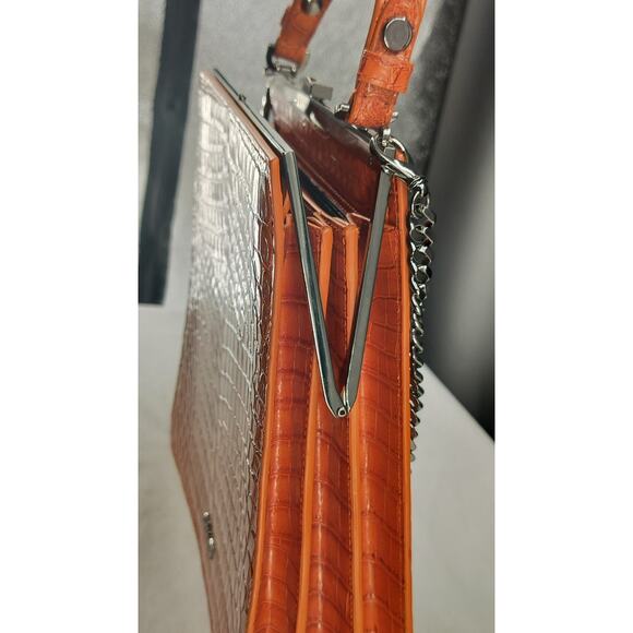 CHÀNTA Large Orange Croc-Embossed Calf Luxury Leather handbag - Picture 7 of 14